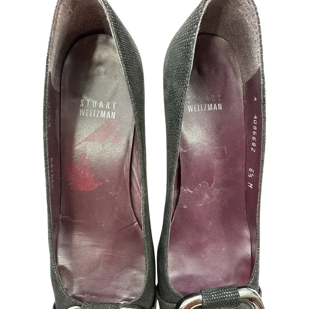 Stuart Weitzman Women's Pumps Size 6.5M Black Textured Fabric Silver Buckle Heel